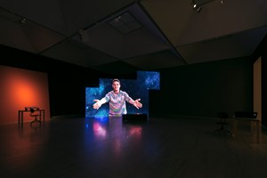 Art Gallery of New South Wales, Eija-Liisa Ahtila, 'POTENTIALITY FOR LOVE – MAHDOLLINEN RAKKAUS' (2018). Angular video sculpture of 22 DIP LED modules, two research tables with attached 'monitor mirrors' 4K/HD. Installation view: 21st Biennale of Sydney, Art Gallery of New South Wales, Sydney (16 March–11 June 2018). Copyright © Crystal Eye – Kristallisilmä Oy Helsinki. Courtesy the artist and Marian Goodman Gallery, New York, Paris and London. Photo: silversalt photography.